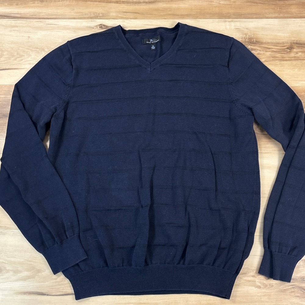 Marc Anthony Sweater Mens XL Navy Blue V-Neck Textured Horizontal Stripe‎